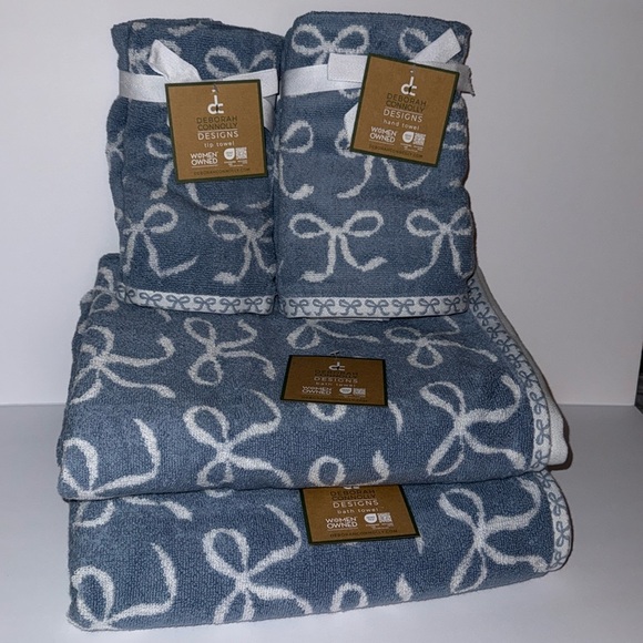 NWT Deborah Connolly 6 Piece Cotton Bath Towel Set Blue with White Bows